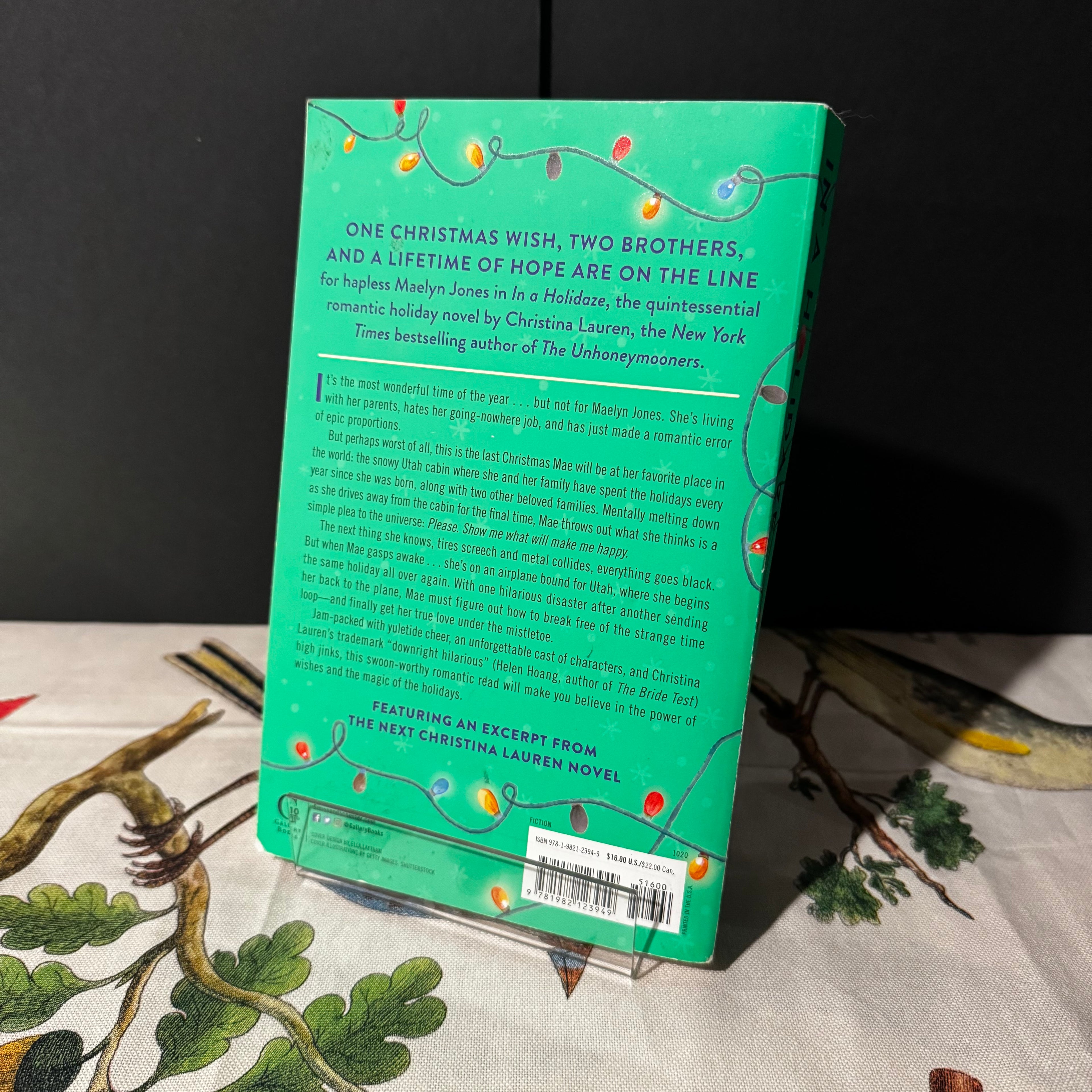 Green book cover with text and Christmas lights on a dark background
