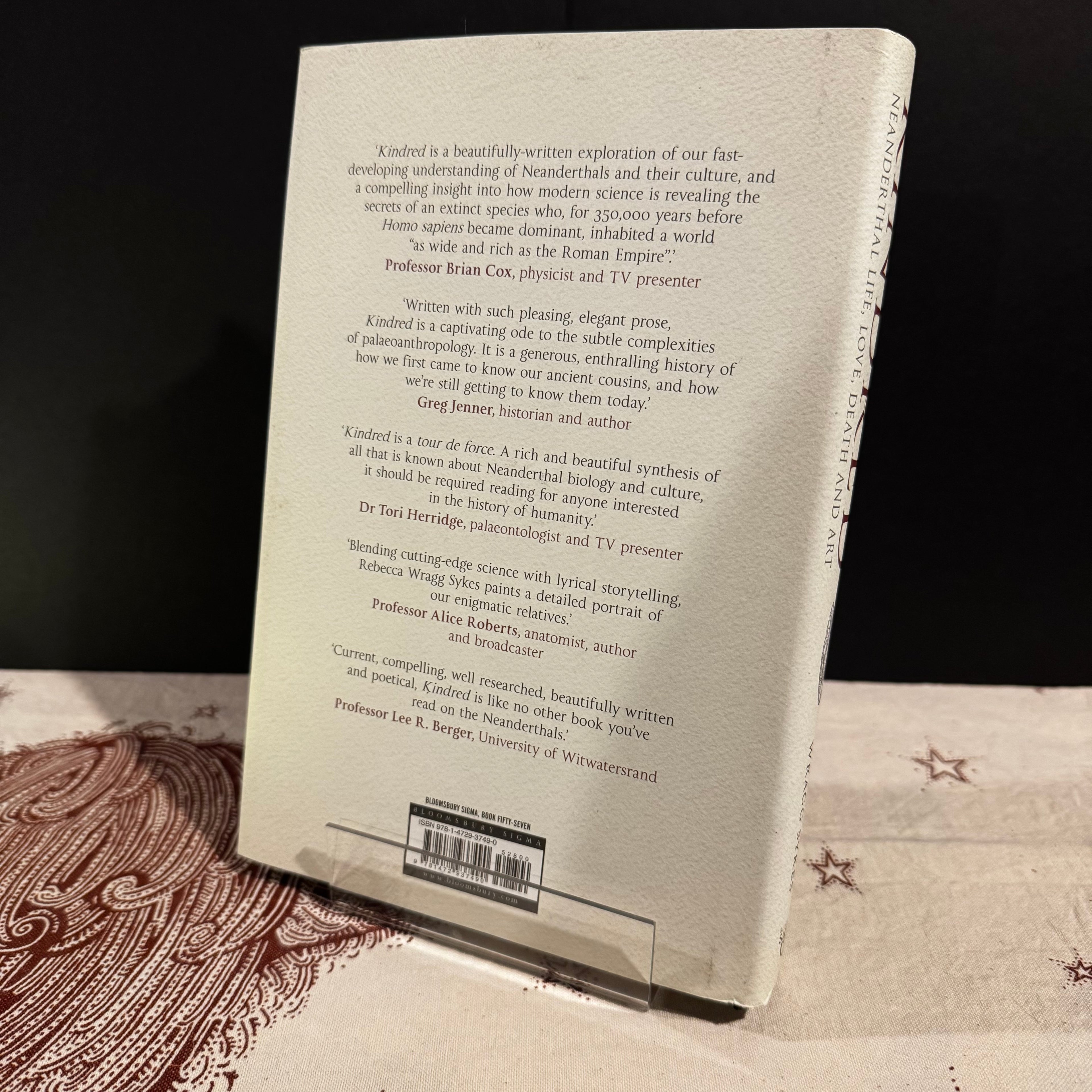 Back cover of a book with text and a barcode on a patterned surface