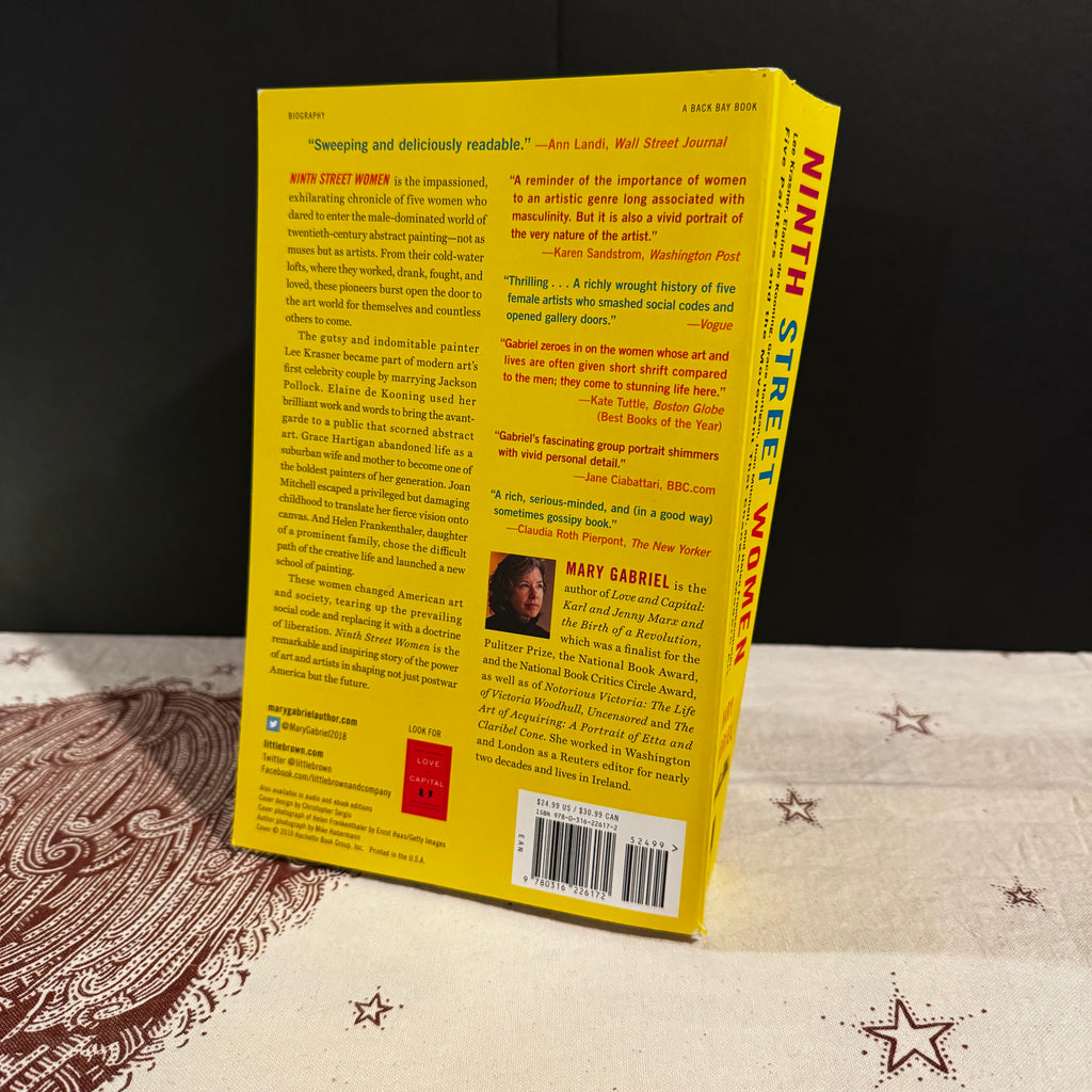 Back cover of a book titled 'Ninth Street Women' with text and a barcode on a patterned surface.