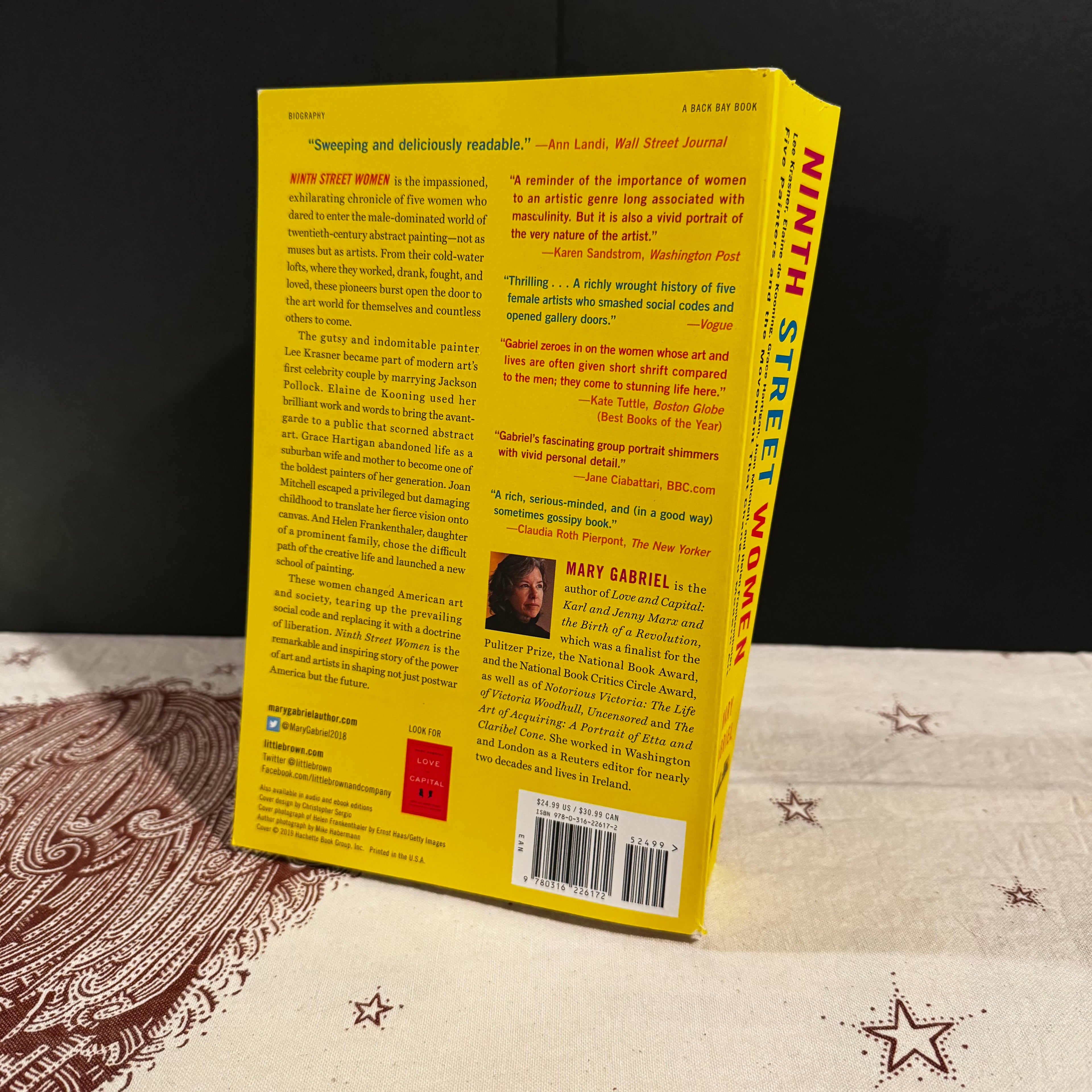 Back cover of a book titled 'Ninth Street Women' with text and a barcode on a patterned surface.
