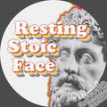 Stoic philosopher statue with 'Resting Stoic Face' text and rainbow accents on a white circle.