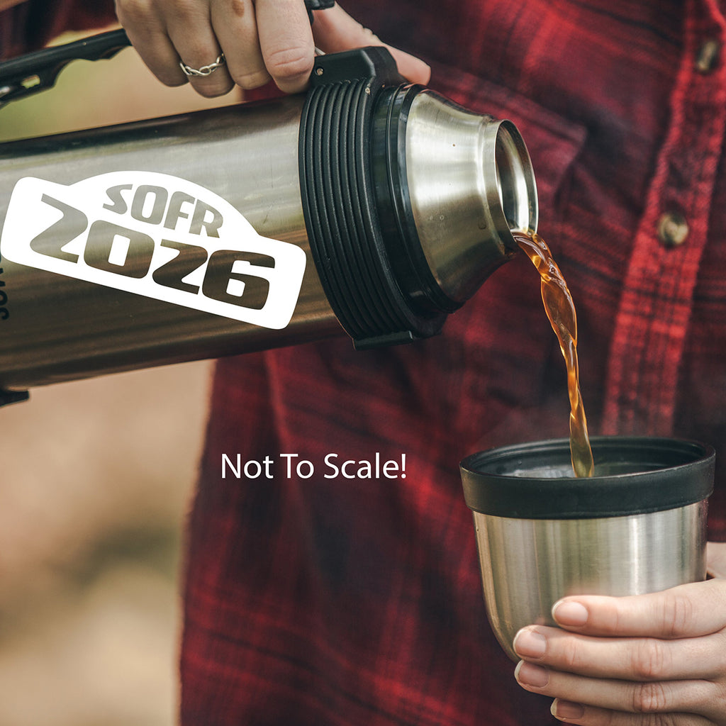 Person pouring coffee from a thermos into a cup, with 'SOFR 2026' branding.